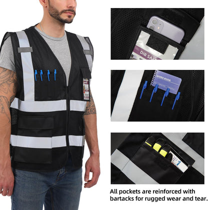 Dib Safety Reflective Safety Vest for Men Women, High Visibility Vest with Pockets and Zipper, ANSI Class 2