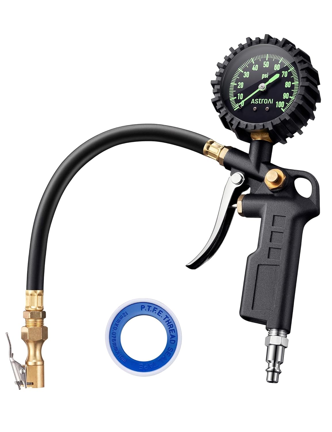 AstroAI Tire Pressure Gauge with Inflator, 100 PSI-ANSI B40.1 Accurate, Large 2.5" Easy Read Glow Dial, Heavy Duty Air Chuck and Compressor Accessories with Rubber Hose and Quick Connect Coupler