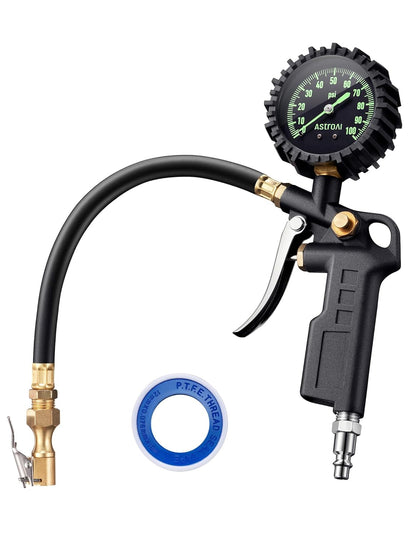 AstroAI Tire Pressure Gauge with Inflator, 100 PSI-ANSI B40.1 Accurate, Large 2.5" Easy Read Glow Dial, Heavy Duty Air Chuck and Compressor Accessories with Rubber Hose and Quick Connect Coupler