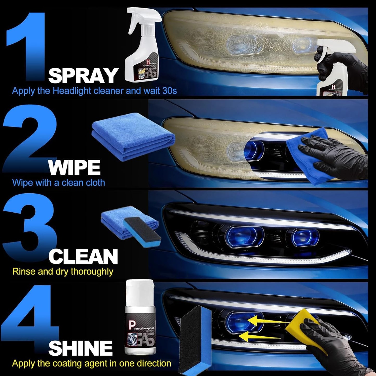 Headlight Restoration Kit, Headlight Cleaner: Erase Yellowing & Oxidation Restores Clarity with Long-Lasting UV Shield Headlight Cleaner and Restorer kit, Advanced Car Headlight Restoration Kit
