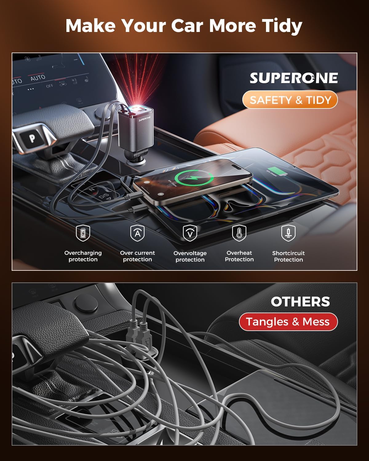 Retractable Car Charger, SUPERONE 99W Car Phone Charger with Cables Fast Charging, USB C Car Charger Adapter for iPhone 17 16 15 14 13 12, Samsung, Black