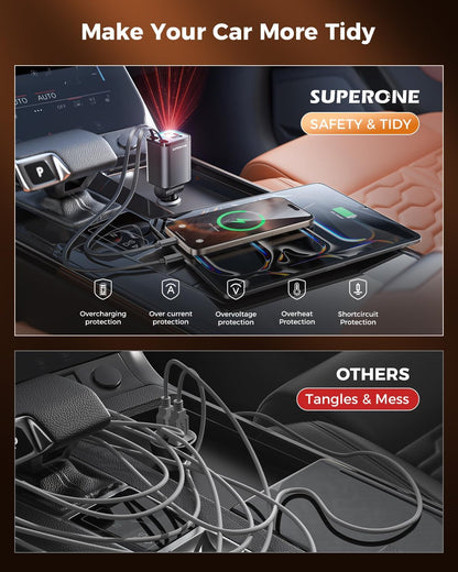 Retractable Car Charger, SUPERONE 99W Car Phone Charger with Cables Fast Charging, USB C Car Charger Adapter for iPhone 17 16 15 14 13 12, Samsung, Black