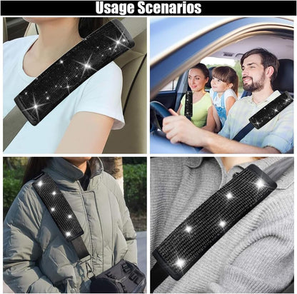 GLSOWEE 2PCS Bling Car Seat Belt Shoulder Pads, Bling Rhinestones Seat Belt Covers for Women, Car Seatbelt Strap Pad with Crystal Diamond, Car Interior Accessories for Car SUV (Black Diamond)