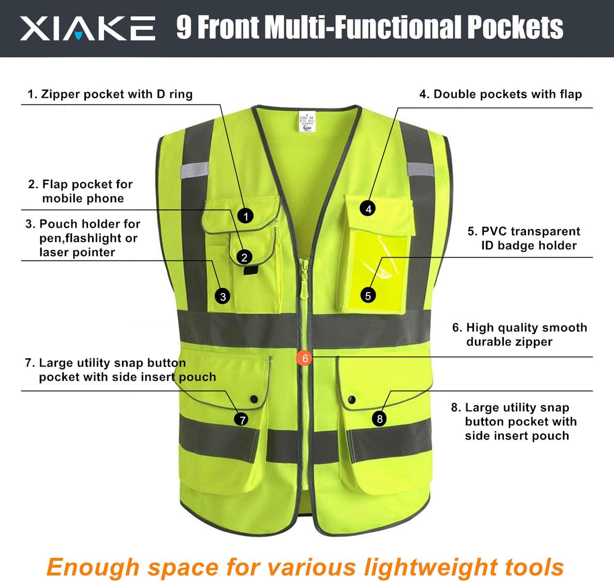 XIAKE 9 Pockets Class 2 High Visibility Reflective Safety Vest for Men Women,Meets ANSI/ISEA Standard