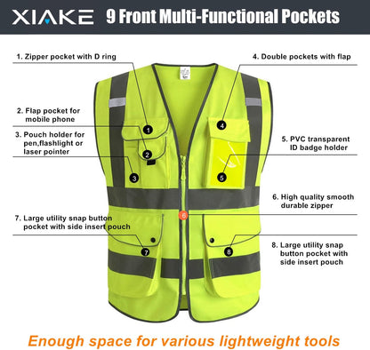 XIAKE 9 Pockets Class 2 High Visibility Reflective Safety Vest for Men Women,Meets ANSI/ISEA Standard