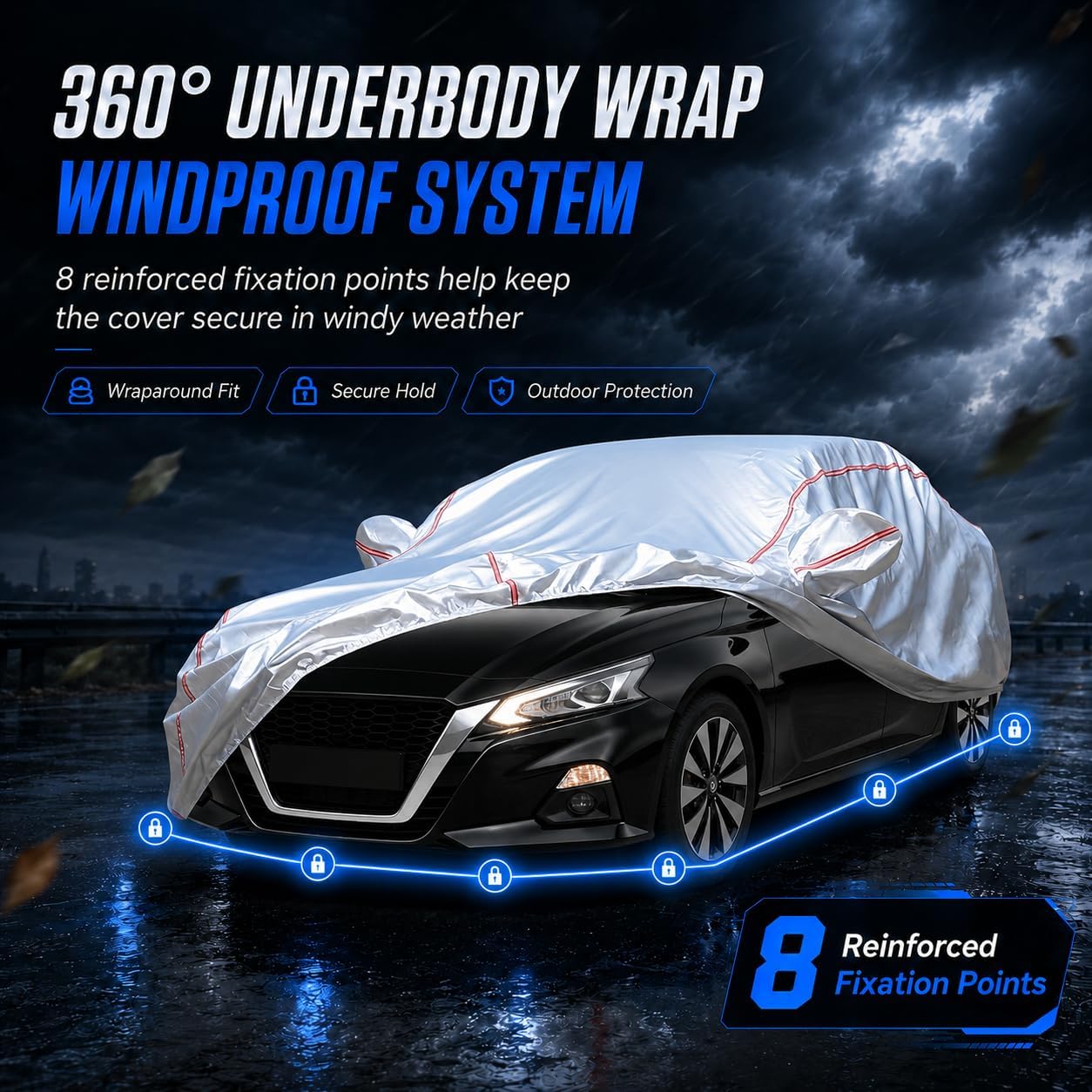 Car Cover for Sedan, Waterproof All Weather Heavy Duty, 360° Underbody Wrap Windproof Design, Quick Install Outdoor Vehicle Cover, Fits 186-193 in