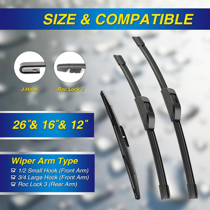 5 PLUS® Silicone Windshield Wipers Replacement for 2019-2024 Toyota RAV4/ 2006-2015 Mazda 5 Wiper Blades(Set of 3), Windshield Wiper Blades For My Car-26"/16"/12" - Colors C
