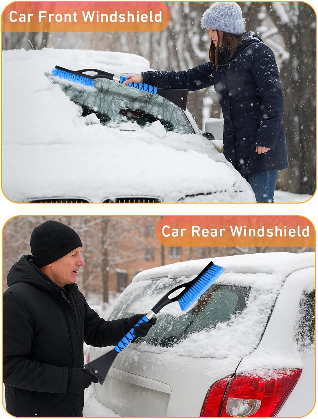 EcoNour 27" Aluminum Ice Scrapers for Car Windshield | Car Snow Scraper Window and Snow Brush with Ergonomic Foam Grip Winter Accessories (Orange)