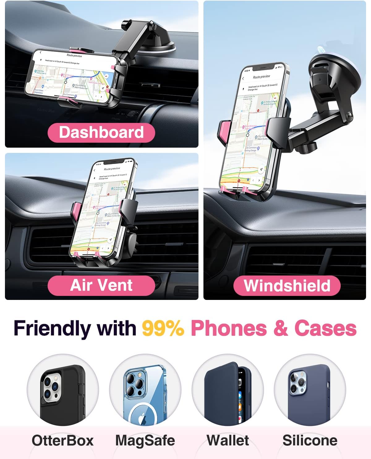 VANMASS【85+LBS Strongest Suction & Military-Grade Ultimate Car Phone Mount【Patent & Safety Certs】 Cell Phone Holder for Dash Windshield Vent for iPhone 17 Pro Max Automobile Accessory Kits,Ink Black