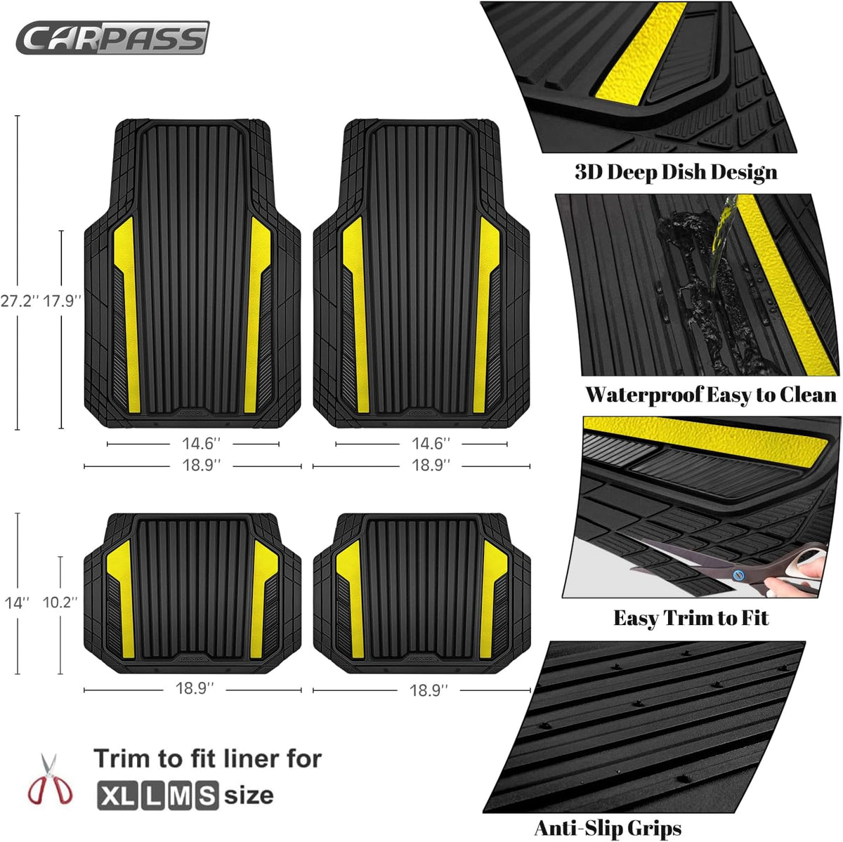CAR PASS Heavy Duty Rubber Car Mats Metallic, Aluminum Film All Weather Floor Mats Waterproof Universal Trim to Fit Automotive SUV Sedan Van 4 Piece Anodized Deep Dish Two-Tone Sporty Black Red Chrome