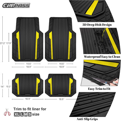 CAR PASS Heavy Duty Rubber Car Mats Metallic, Aluminum Film All Weather Floor Mats Waterproof Universal Trim to Fit Automotive SUV Sedan Van 4 Piece Anodized Deep Dish Two-Tone Sporty Black Red Chrome