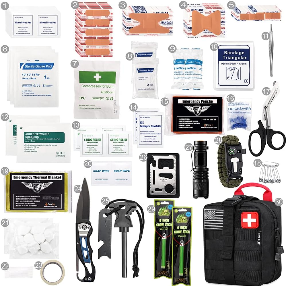 EVERLIT 250 Pieces Survival First Aid Kit IFAK EMT Molle Pouch Survival Kit Outdoor Gear Emergency Kits Trauma Bag for Camping Boat Hunting Hiking Home Car Earthquake and Adventures