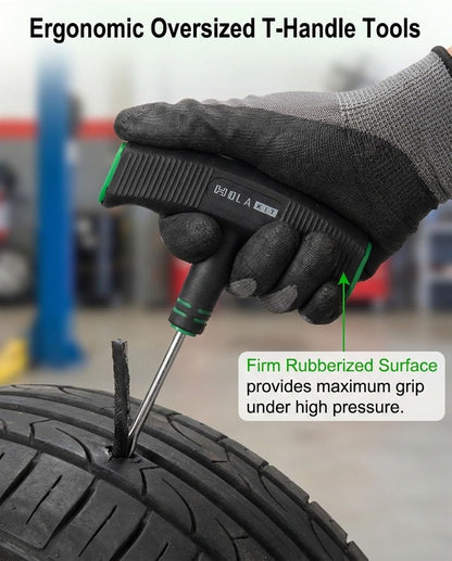 20PCS Tire Repair Kit – Flat Tire Plug Kit includes Ergonomic T-Handle Tools with Rubber Covered Grip, 2 Sizes Tire Repair strips, Knife, Tire Pressure Gauge & Lubricant – Car, SUV, Motorcycle, ATV