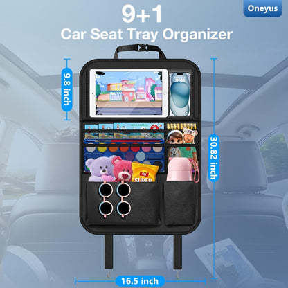 Car Backseat Organizer with table Tray(1Pack) 9 Storage Pockets Backseat Car Organizer with Tablet Holder, Back seat Organizer for Kids Road Trip Essentials Travel