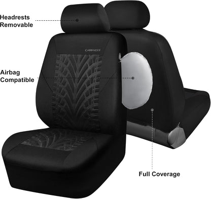 CAR PASS Car Seat Covers Full Sets, Front & Split Rear Bench for Car, 3D Tyre Embossed Automotive Interior Covers, Airbag Compatible, Quick Setup Universal Fit Seat Covers for Car, SUV(Charcoal)