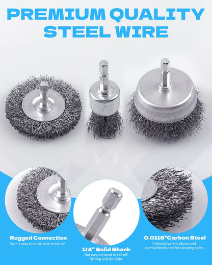 Rocaris 6 Pack Carbon Steel Wire Wheel and Pen Brush Set with 1/4-Inch Hex Shank for Rust Removal, Corrosion and Scrub Surfaces