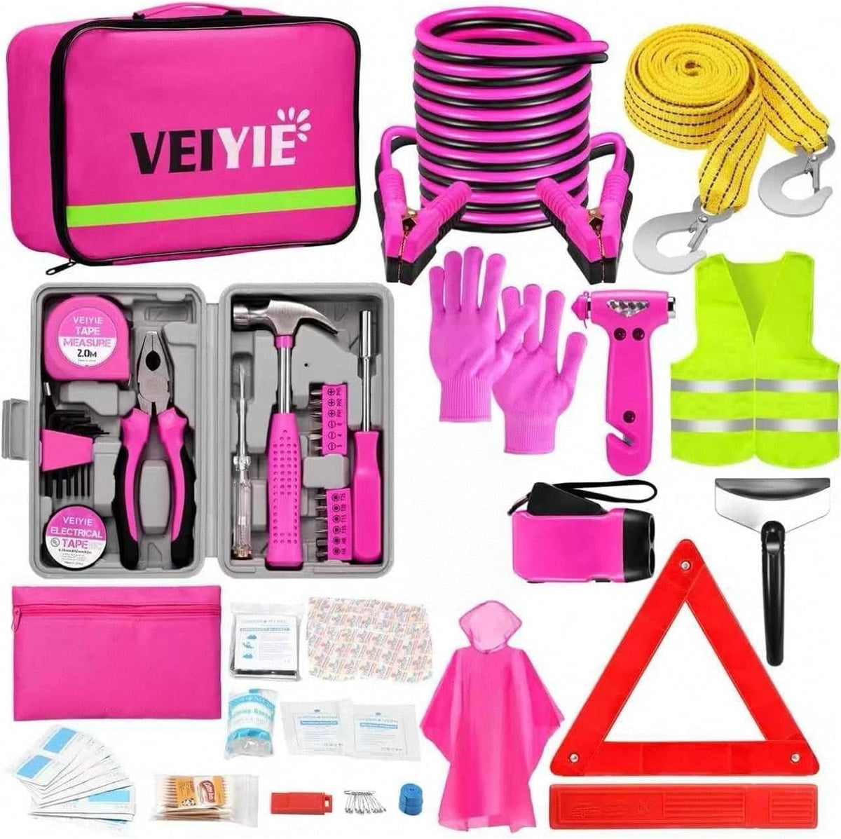 Roadside Car Emergency Kit, Winter Car Safety Kit with 10FT Jumper Cables, Tow Strap, Tool Kit, Reflective Warning Triangle, Road Trip Essentials, for New Drivers, Teens