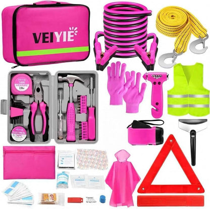 Roadside Car Emergency Kit, Winter Car Safety Kit with 10FT Jumper Cables, Tow Strap, Tool Kit, Reflective Warning Triangle, Road Trip Essentials, for New Drivers, Teens