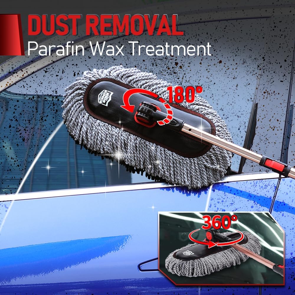 Car Duster Exterior Scratch Free with Extendable Handle, Microfiber Car Cleaning Brush for Dust Removal + Small Detailing Brush for Interior Care