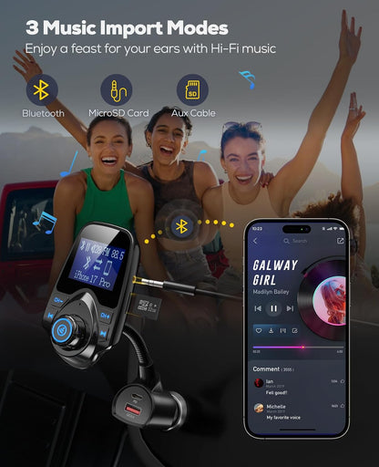 Nulaxy KM18 Plus Bluetooth 5.4 Car Adapter with 48W Fast Charging PD 30W & QC3.0 18W, 1.44" Screen Wireless Radio FM Transmitter with Flexible Gooseneck, Supports Hands-Free Call, TF Card & AUX, Black
