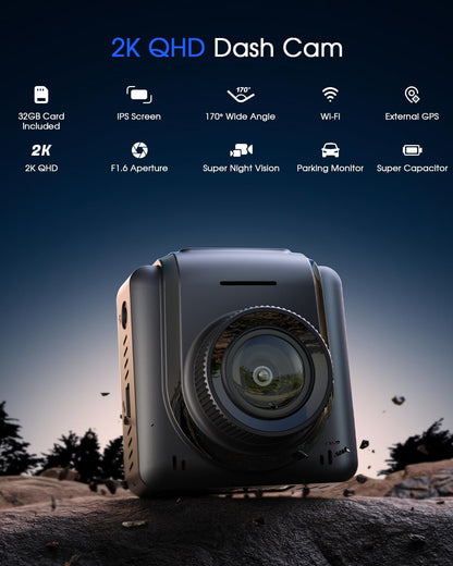 2K Dash Cam with 32 GB Card, 1.5'' IPS Screen, External GPS, WiFi Dash Camera for Cars, Front Dashcams for Cars with APP, WDR, Night Vision, 24 Hours Parking Monitor, G-Sensor, Loop Recording