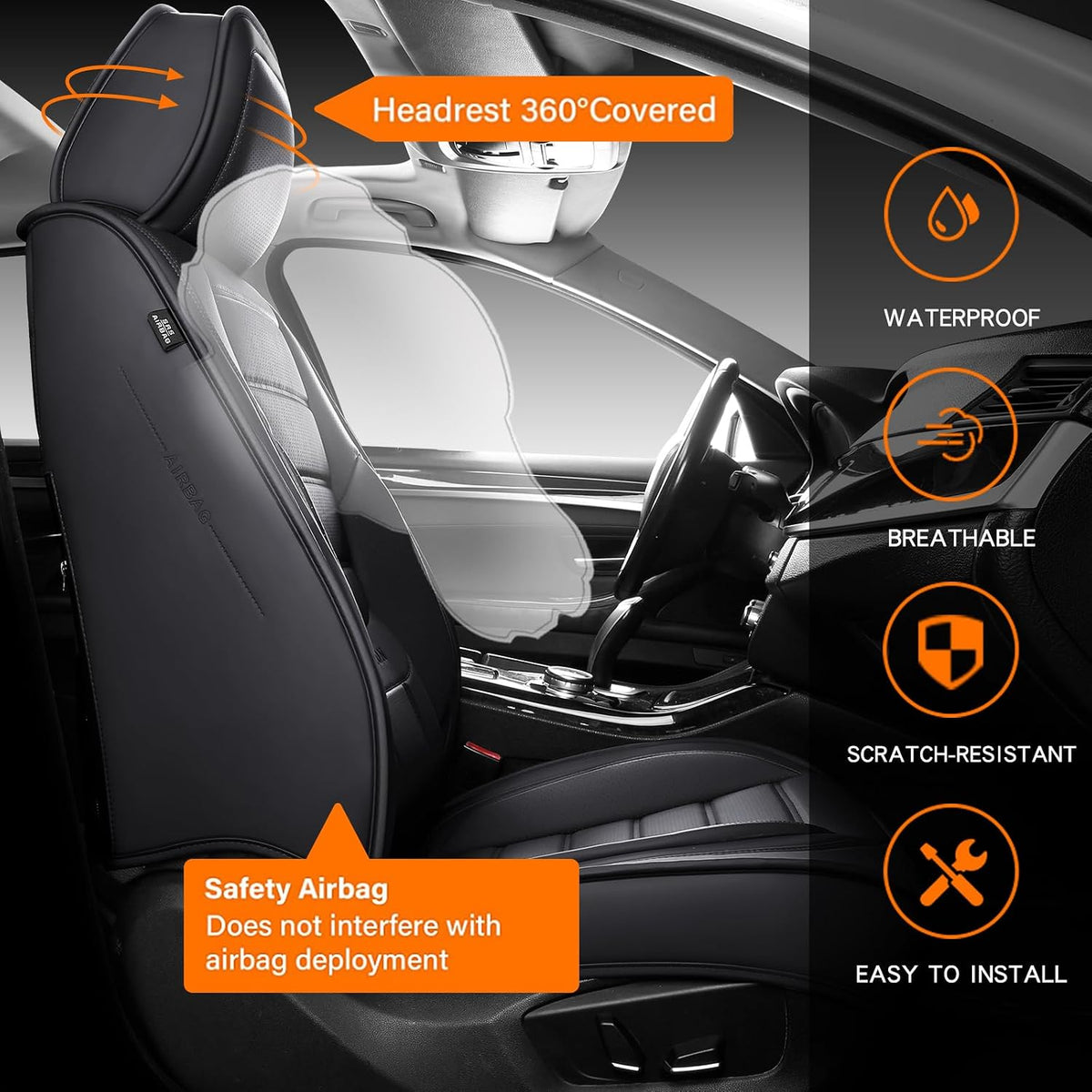 MINGBRON Car Seat Cover Full Set, Leather Car Seat Cover, Waterproof Seat Covers, Car Seat Cushion, Nappa Leather Seat Covers Car Seat Protector Universal Fit Most Cars Black