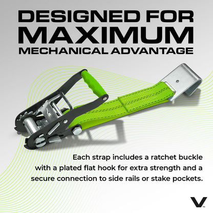 VULCAN Car Tie Down with Flat Hooks - Lasso Style - 2 Inch x 96 Inch - 4 Pack - Silver Series - 3,300 Pound Safe Working Load