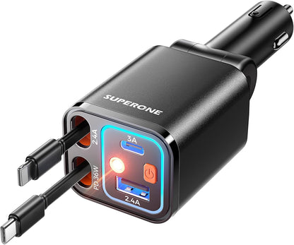 Retractable Car Charger, SUPERONE 99W Car Phone Charger with Cables Fast Charging, USB C Car Charger Adapter for iPhone 17 16 15 14 13 12, Samsung, Black