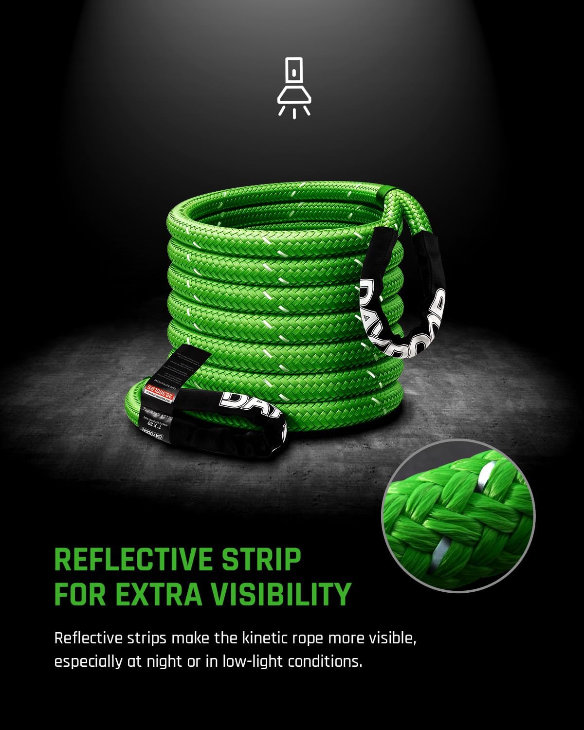DAYDOOR Recovery Tow Rope Kit with 2 Soft Shackles, 7/16 Inch x 30 ft 31,200 Lbs UHMWPE Tow Strap, Synthetic Towing Rope Recovery Kit for ATV, UTV, SUV, Cars (Gray)