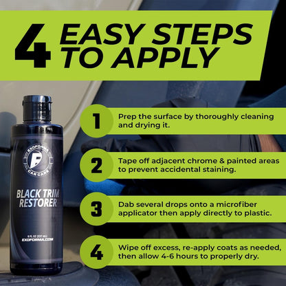 ExoForma Black Trim Restorer - Lasts 6+ Months, Dye Infused Waterproof Plastic Restorer for Cars - Perfect for Faded Bumpers, Trim & Vinyl on Jeeps, Truck Beds, Avalanches & ATVs | 4oz Kit