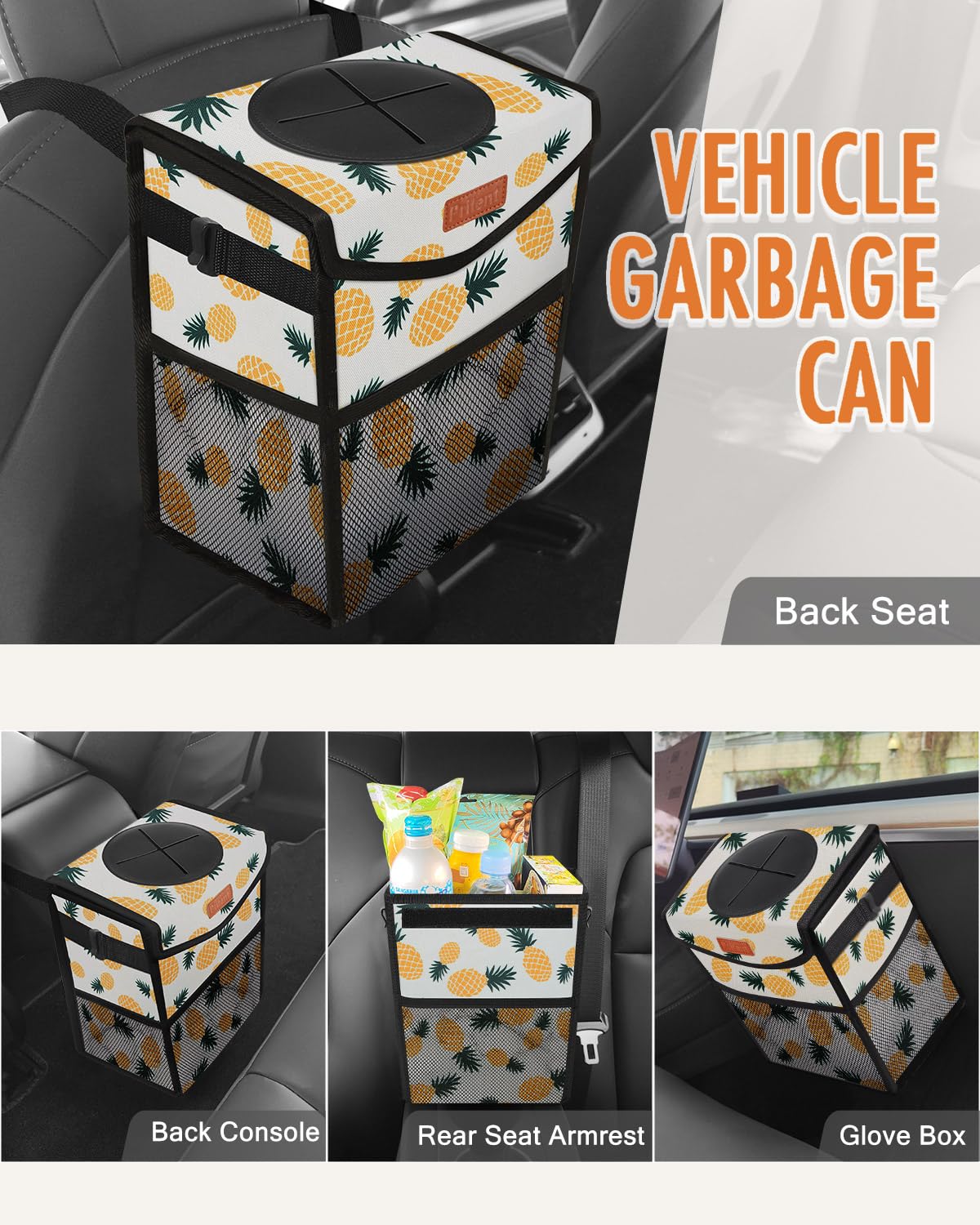 Pritent Car Trash Can with Lid, Cute Leakproof Car Trash Garbage Bag Hanging Vehicle Trash Bin Small Portable Automotive Garbage Cans Organizer for Back/Front Seat/Console(Trapezoid,Black)