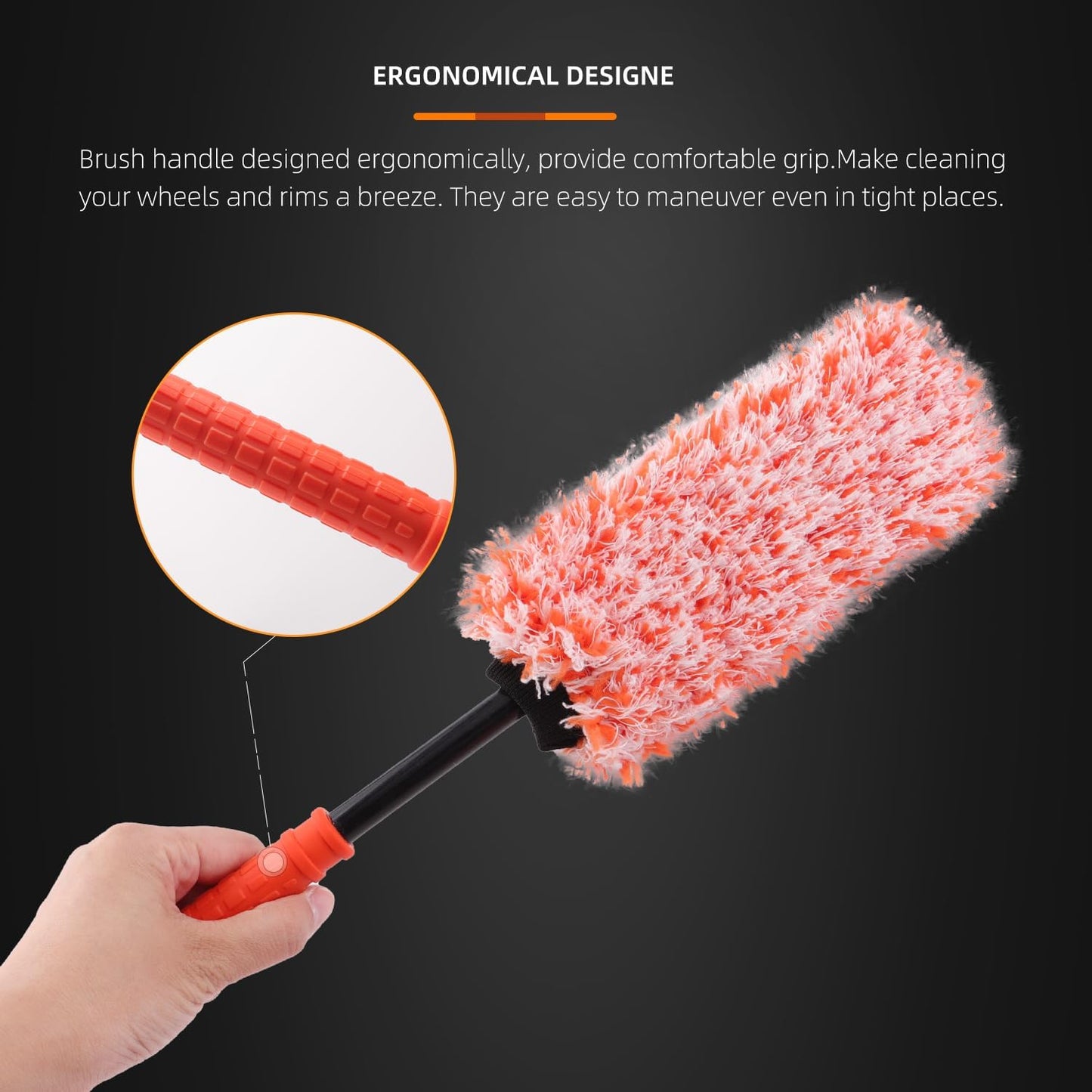 SPTA Car Wheel Brush Set, 2Pcs Microfibre Rim Brush with Extra 2 Large and 2 Small Interchangeable Microfiber Covers, Rim Cleaner Brush for Wheel Cleaning, Wheel Cleaning Brush for All Wheel Types