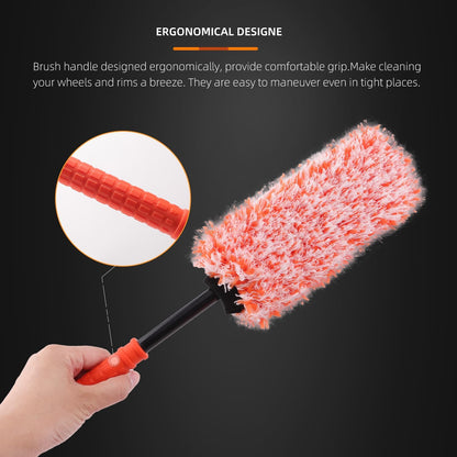 SPTA Car Wheel Brush Set, 2Pcs Microfibre Rim Brush with Extra 2 Large and 2 Small Interchangeable Microfiber Covers, Rim Cleaner Brush for Wheel Cleaning, Wheel Cleaning Brush for All Wheel Types