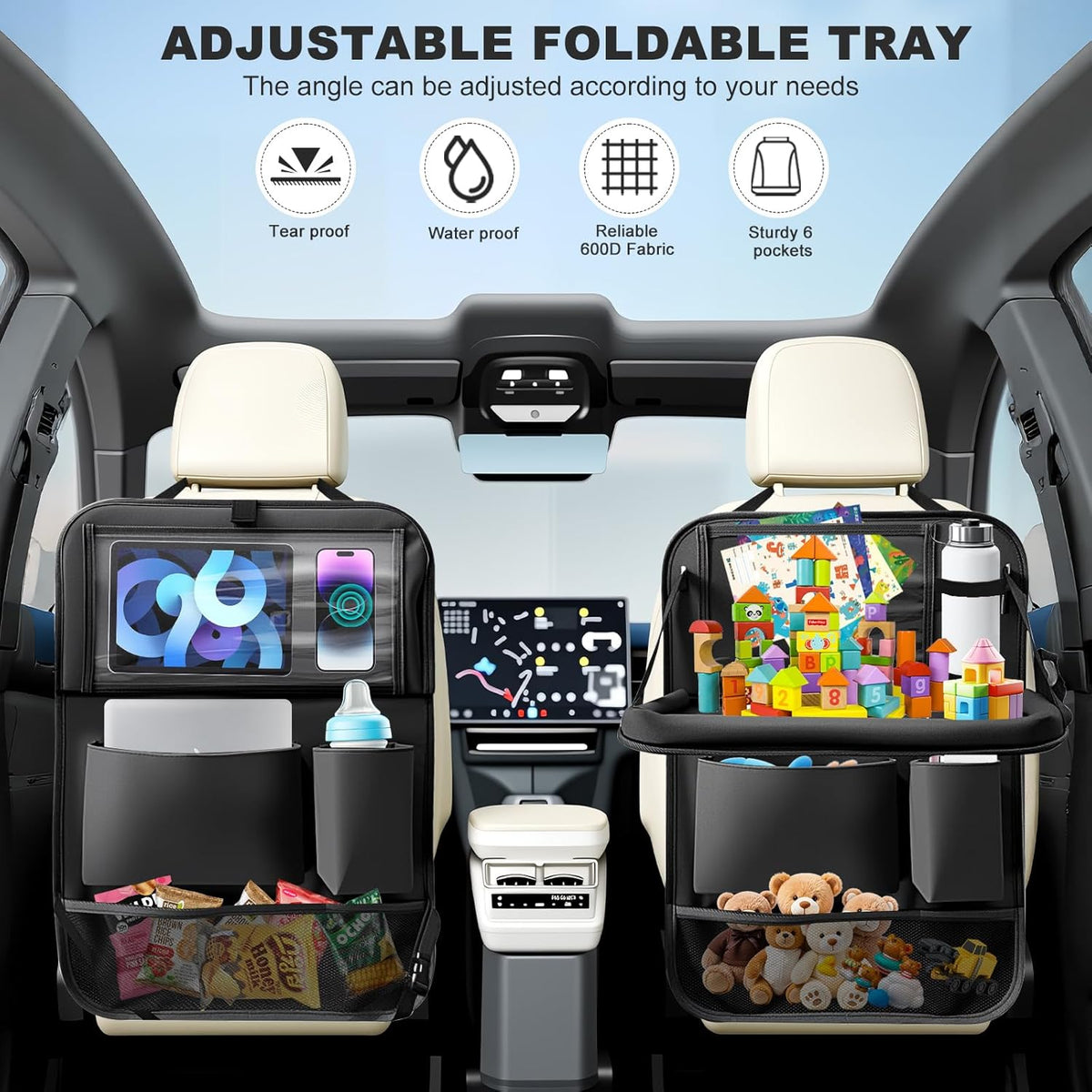 2Pack Car Backseat Organizer with Foldable Table Tray,6 Storage Pockets Car Storage Organizer with Tablet Holder,Car Seat Back Protectors Kick Mats Travel Accessories (Black)
