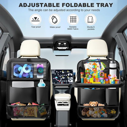 2Pack Car Backseat Organizer with Foldable Table Tray,6 Storage Pockets Car Storage Organizer with Tablet Holder,Car Seat Back Protectors Kick Mats Travel Accessories (Black)