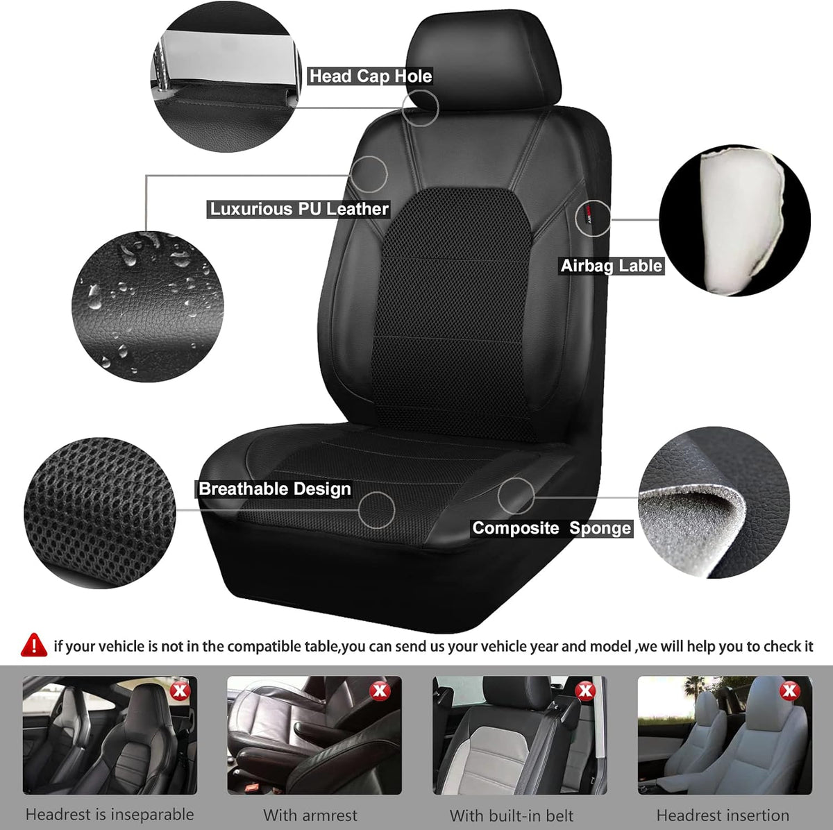 CAR PASS Waterproof Universal Fit Car Floor Mats, Faux Leather Car Carpet Mats, Black Car Mats with Anti-Slip Nibbs Backing & Driver Heel Pad Fit for SUV,Vans,sedans, Trucks,Set of 4pcs(All Black)