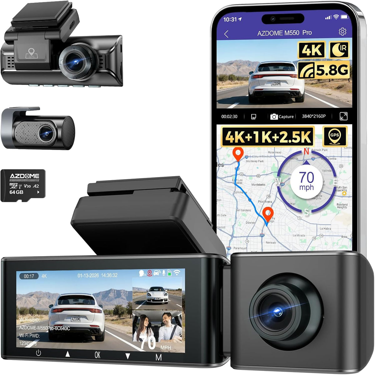 AZDOME M550 Max 4K 3 Channel Dash Cam, Dual STARVIS 2 Sensors, 4K+2.5K+1080P Front and Rear Inside Triple Car Camera, Built-in WiFi GPS, 64GB Card Included, IR Night Vision, Ride Share Accessories