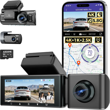 AZDOME M550 Max 4K 3 Channel Dash Cam, Dual STARVIS 2 Sensors, 4K+2.5K+1080P Front and Rear Inside Triple Car Camera, Built-in WiFi GPS, 64GB Card Included, IR Night Vision, Ride Share Accessories