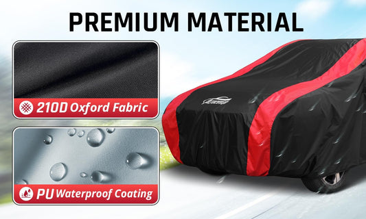 Car Cover Waterproof All Weather Protection with Red Stripe Design, Universal Fit Toyota Camry Solara, Ford Fusion, Kia Stinger Optima, Nissan Maxima, VW Passat, Subaru Legcy