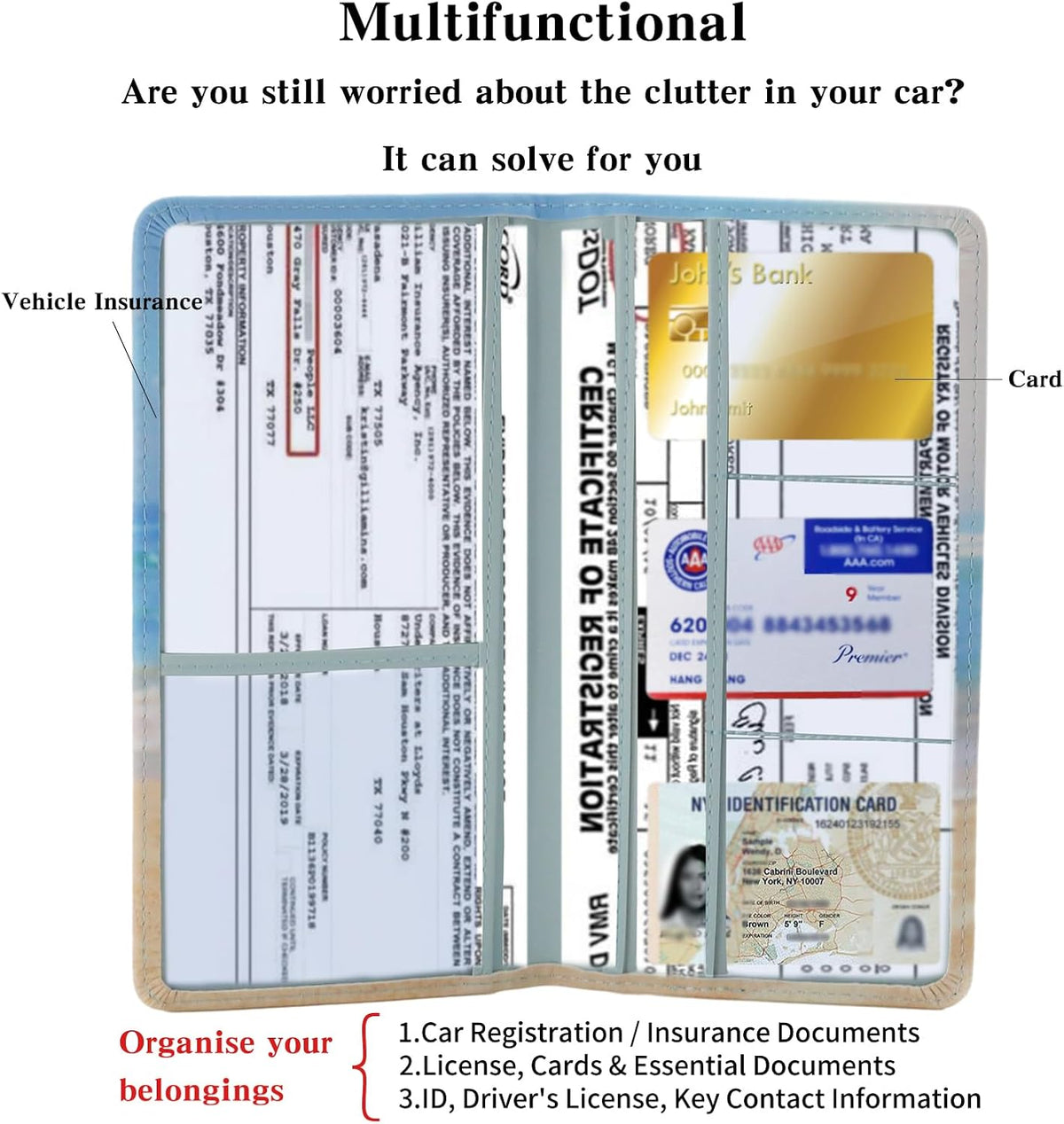 TILDOSAC Leather Car Registration and Insurance Card Holder, Car Document Holder for Cards License with Magnetic Shut (Black, large)