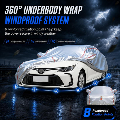 Car Cover for Sedan, Waterproof All Weather Heavy Duty, 360° Underbody Wrap Windproof Design, Quick Install Outdoor Vehicle Cover, Fits 186-193 in