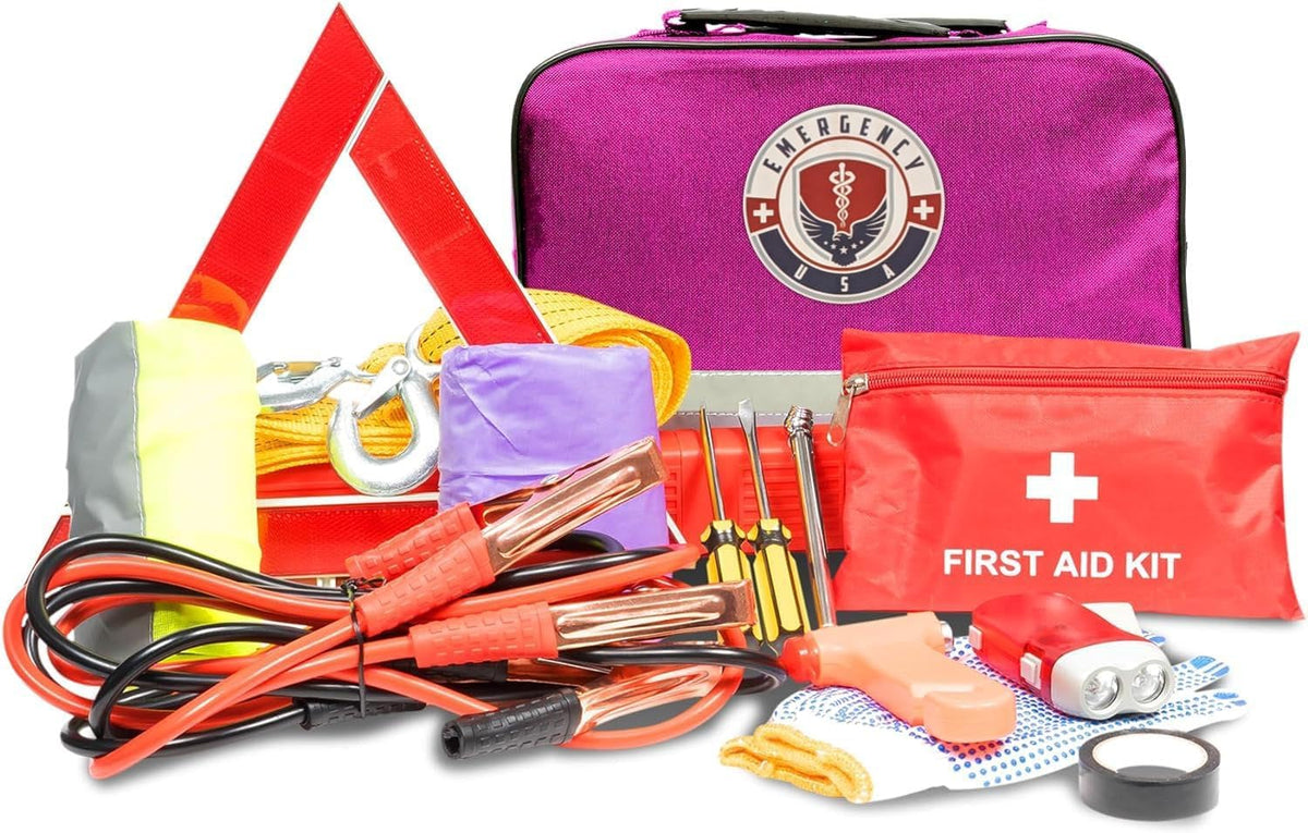 Roadside Car Emergency Kit - First Aid Set, Jumper Cables, Tow Strap, LED Flash Light, Rain Coat, Tire Pressure Gauge, Safety Vest and More (Black)