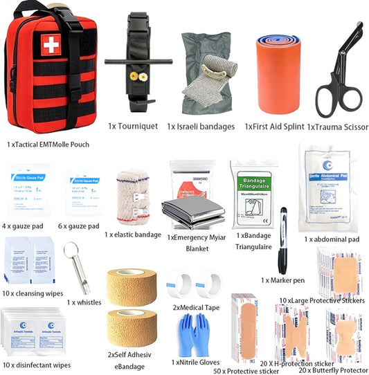 IFAK Trauma Kit with Emergency Compression Strap, 6-Inch Bandage, Splint, Outdoor First Aid Kit for Car, Camping, Hiking and Travel with Molle Bag