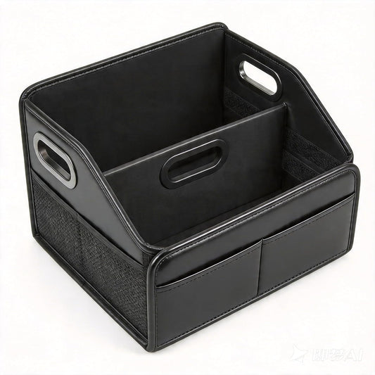 Car Storage Organizer Reinforced Dividable Leather Car Caddy Basket for Front Seat Floor Back Sturdy Frosted Handle 8 Compartments Adjustable Strap Buckles Slip-Resistant (Normal)