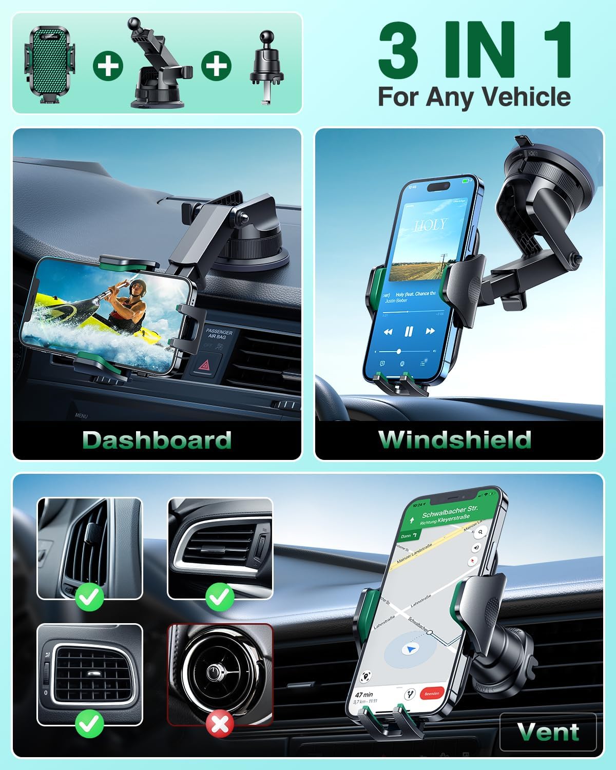 [True Military-Grade] Car Phone Holder VANMASS [Upgraded Strongest Suction&Clip] Cell Phone Mount for Dashboard Windshield Vent Kit, Truck Cradle Stand for iPhone 17 Pro Max 16 15 14 Android,Ink Black