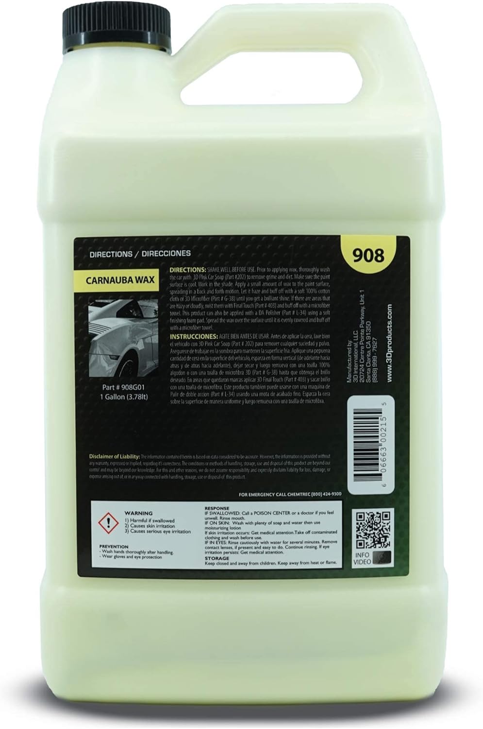 3D Carnauba Wax – Liquid Brazilian #1 Grade Wax for Deep Gloss & UV Protection | Easy Application | Safe on All Paint | Non-Staining Formula | Made in USA | 16 oz