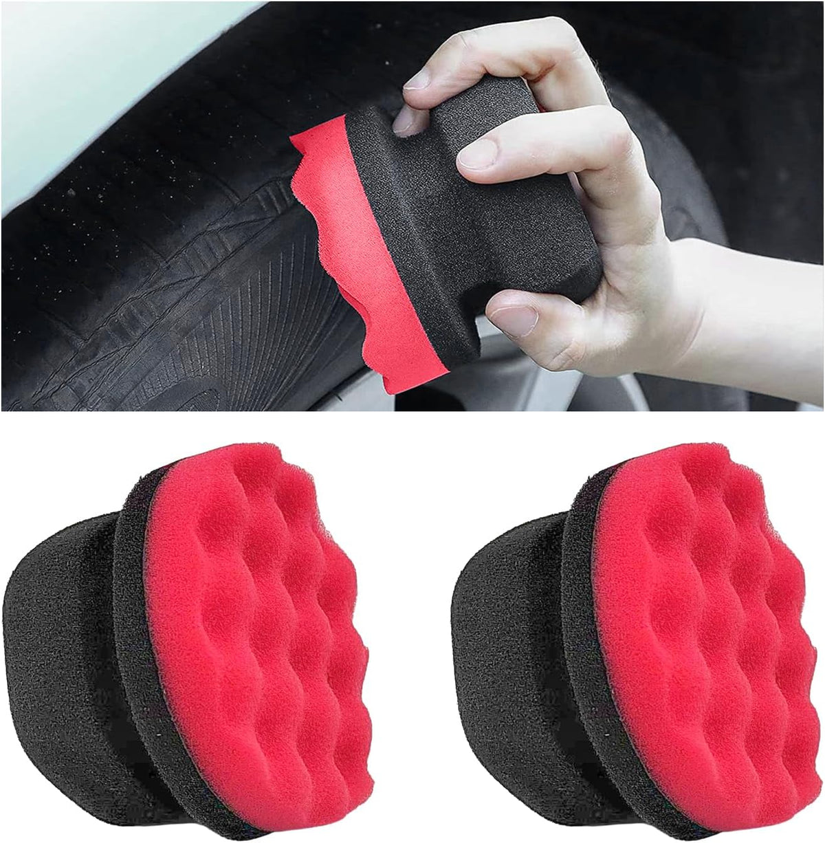 KVAEY 2 PCS Tire Dressing Applicator Pads, Reusable Hex Grip Tire Shine Applicator Polishing Sponge Pads, Wheel Tire Shine Detailing Foam for Most Vehicles, Car Accessories (Black, 3.15")