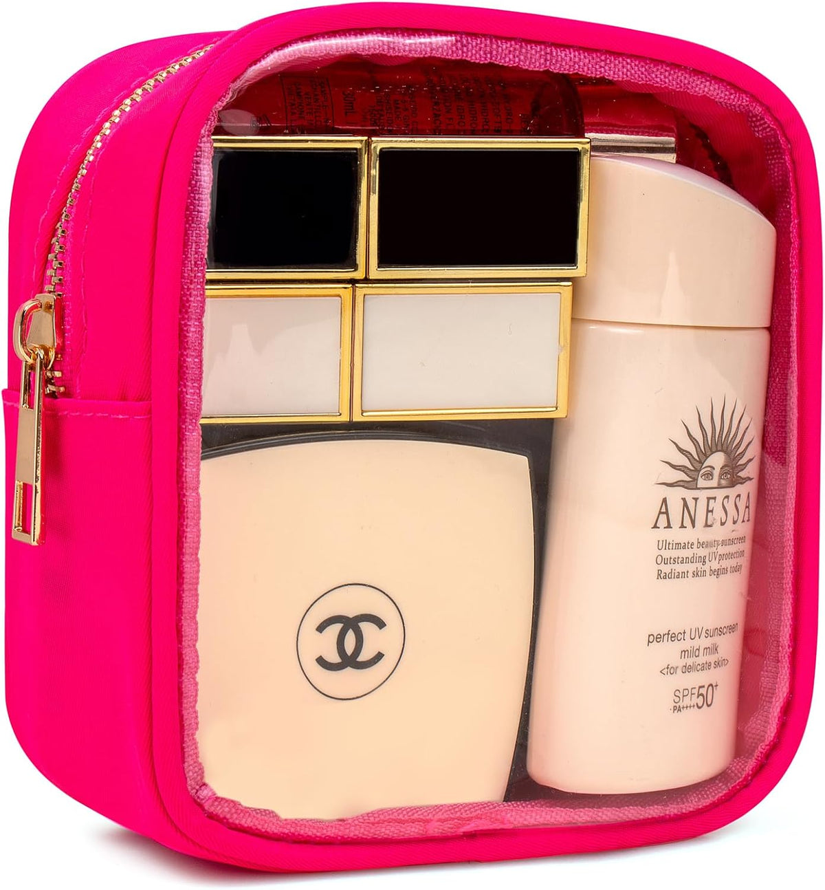 Small Clear Makeup Bag for Purse Small Cosmetic Bag Travel Size Toiletry Bags Cute Travel Makeup Bag,Coin Purse,Car Asscessories Organizer Storage Travel Essentials for Women Girls(Clear-Beige)