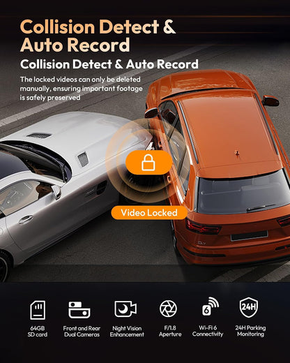 VNV 4K+2.5K Dash Cam Front and Rear, GalaxyCore Sensor, Free 64GB Card Included, Built-in WiFi App Control, Dash Camera for Cars with WDR Night Vision,170°Wide Angle, 24H Parking Mode, 2" IPS, S-V200