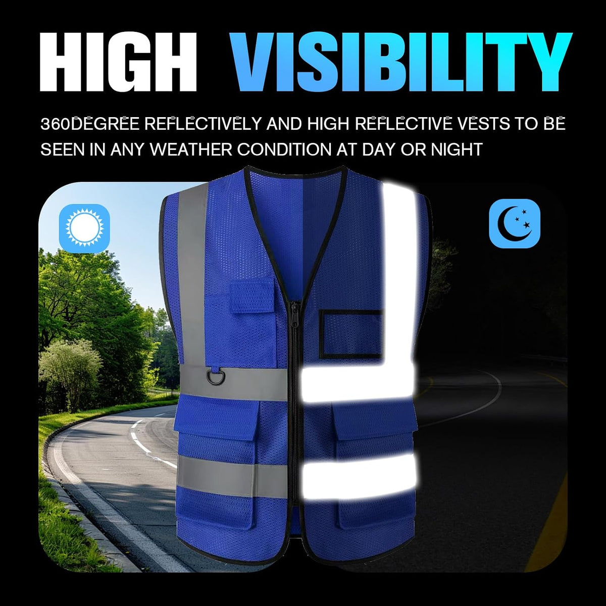 Reflective Mesh Safety Vest, Breathable Hi Vis Vest Construction Work with 5 Pockets and Zipper for Men Women